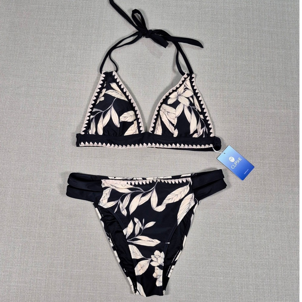 Cupshe Floral Bikini Set Black Crochet Trim‎ Halter High Cut Swimsuit Large NWT